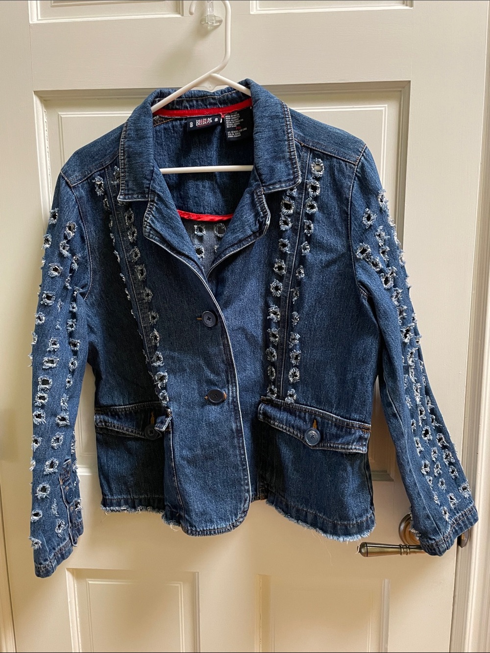 Bill Blass Jean Jacket with Holes. Button Pockets, Bottom Of Sleeves PXL
